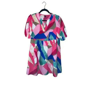 Emory Rose‎ Puffed Sleeve Colorful Patchwork Print Dress Women’s Size Small